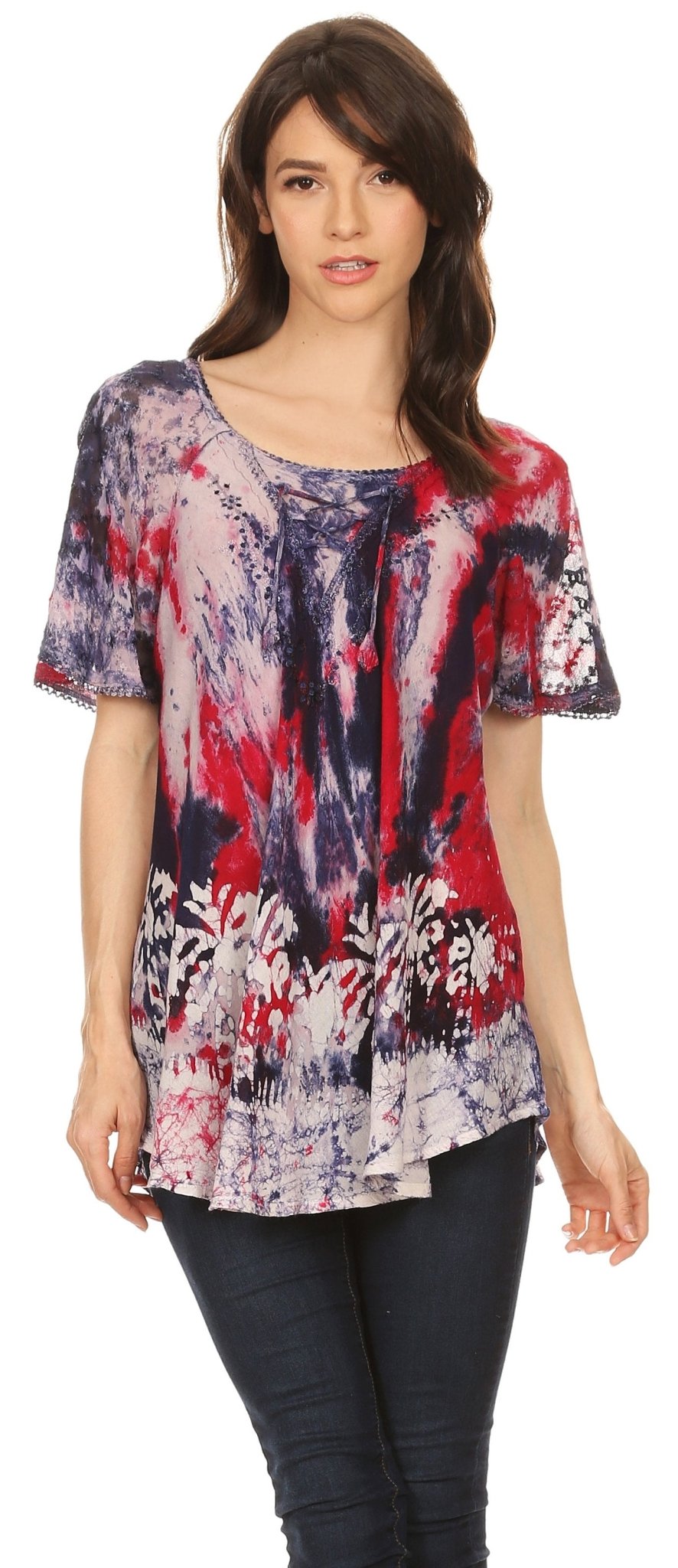 Sakkas Celia Marble Batik Short Sleeve Blouse/Top with Embroidery and Crochet tops La Vie Bien Sakkas Celia Marble Batik Short Sleeve Blouse/Top with Embroidery and Crochet