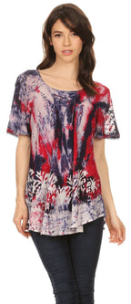 Sakkas Celia Marble Batik Short Sleeve Blouse/Top with Embroidery and Crochet tops La Vie Bien Sakkas Celia Marble Batik Short Sleeve Blouse/Top with Embroidery and Crochet