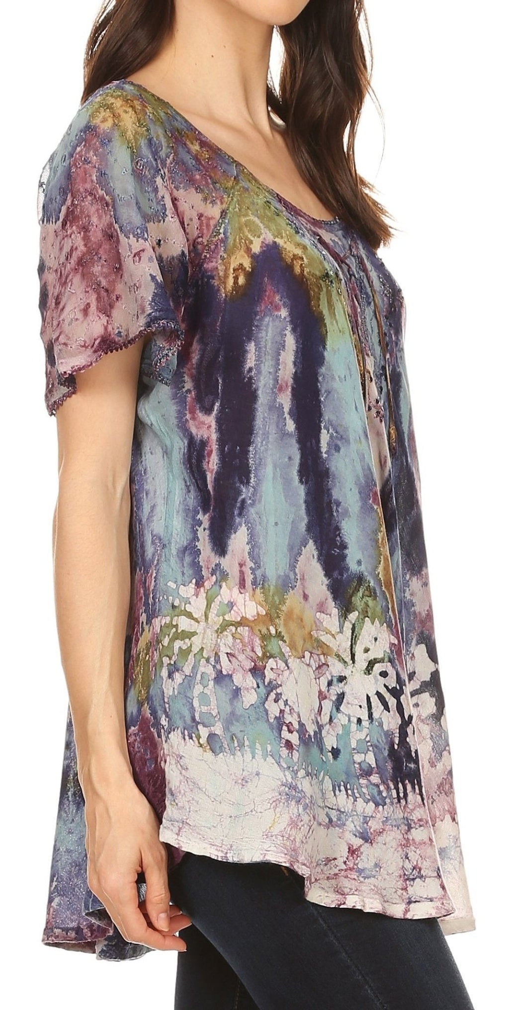 Sakkas Celia Marble Batik Short Sleeve Blouse/Top with Embroidery and Crochet tops La Vie Bien Sakkas Celia Marble Batik Short Sleeve Blouse/Top with Embroidery and Crochet