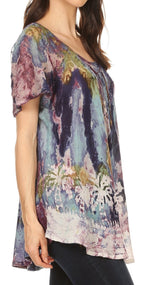 Sakkas Celia Marble Batik Short Sleeve Blouse/Top with Embroidery and Crochet tops La Vie Bien Sakkas Celia Marble Batik Short Sleeve Blouse/Top with Embroidery and Crochet