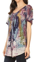 Sakkas Celia Marble Batik Short Sleeve Blouse/Top with Embroidery and Crochet tops La Vie Bien Sakkas Celia Marble Batik Short Sleeve Blouse/Top with Embroidery and Crochet