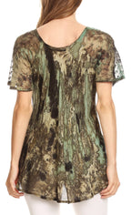 Sakkas Celia Marble Batik Short Sleeve Blouse/Top with Embroidery and Crochet tops La Vie Bien Sakkas Celia Marble Batik Short Sleeve Blouse/Top with Embroidery and Crochet