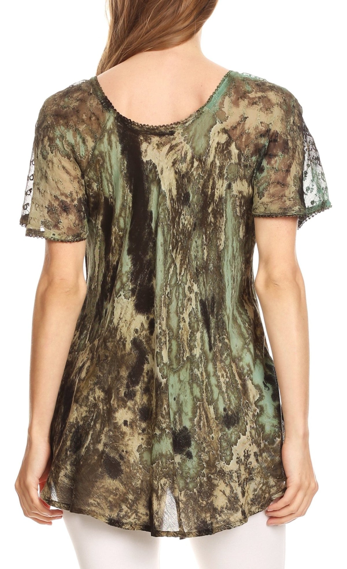 Sakkas Celia Marble Batik Short Sleeve Blouse/Top with Embroidery and Crochet tops La Vie Bien Sakkas Celia Marble Batik Short Sleeve Blouse/Top with Embroidery and Crochet
