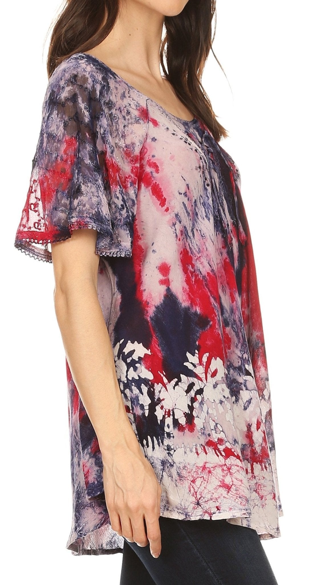 Sakkas Celia Marble Batik Short Sleeve Blouse/Top with Embroidery and Crochet tops La Vie Bien Sakkas Celia Marble Batik Short Sleeve Blouse/Top with Embroidery and Crochet