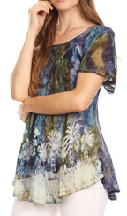 Sakkas Celia Marble Batik Short Sleeve Blouse/Top with Embroidery and Crochet tops La Vie Bien Sakkas Celia Marble Batik Short Sleeve Blouse/Top with Embroidery and Crochet