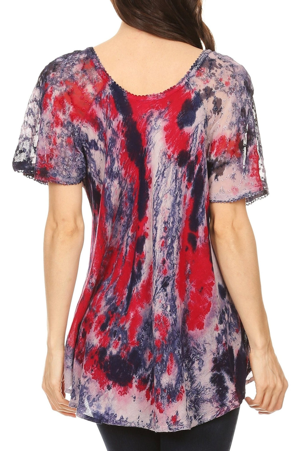 Sakkas Celia Marble Batik Short Sleeve Blouse/Top with Embroidery and Crochet tops La Vie Bien Sakkas Celia Marble Batik Short Sleeve Blouse/Top with Embroidery and Crochet