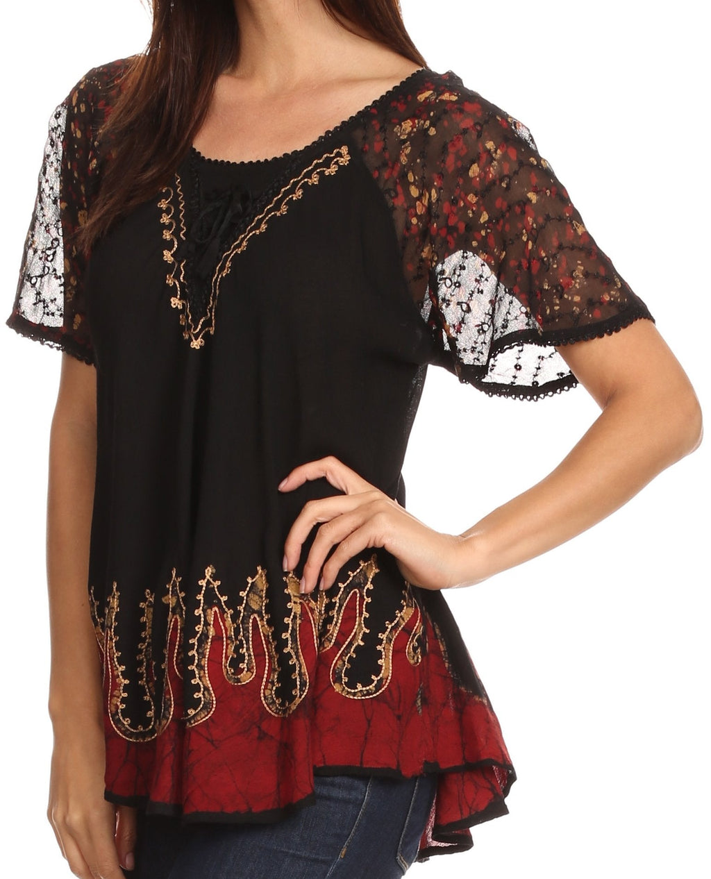Sakkas Cora Relaxed Fit Batik Design Embroidery Cap Sleeves Blouse / Top tops La Vie Bien Sakkas Cora Relaxed Fit Batik Design Embroidery Cap Sleeves Blouse / Top