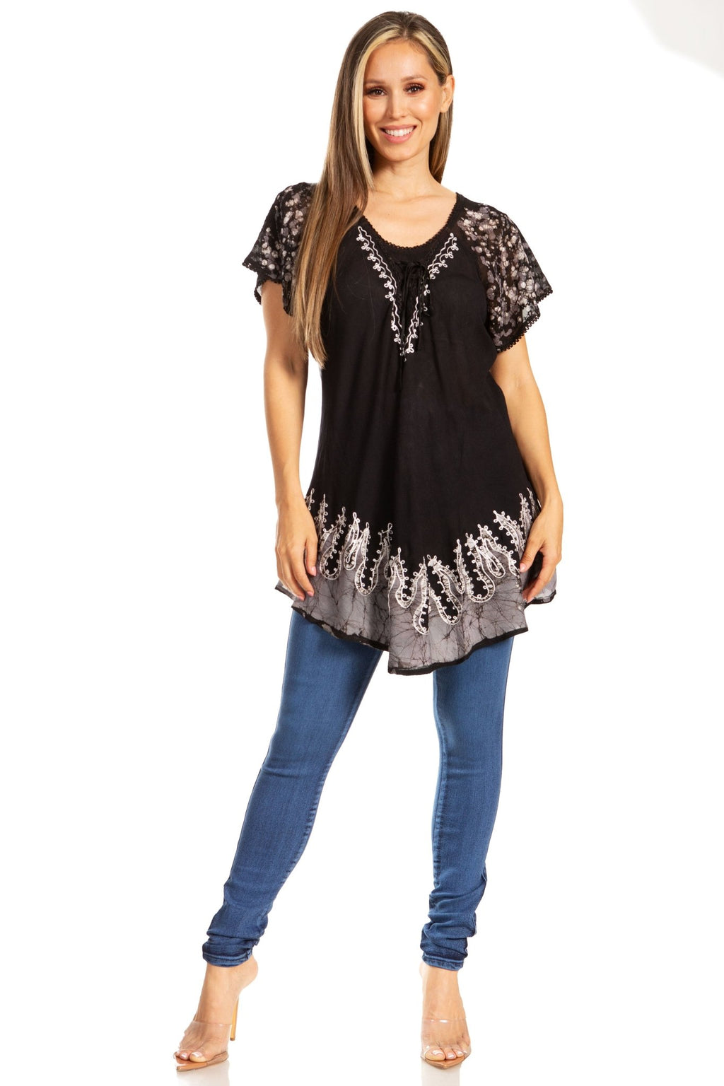 Sakkas Cora Relaxed Fit Batik Design Embroidery Cap Sleeves Blouse / Top tops La Vie Bien Sakkas Cora Relaxed Fit Batik Design Embroidery Cap Sleeves Blouse / Top