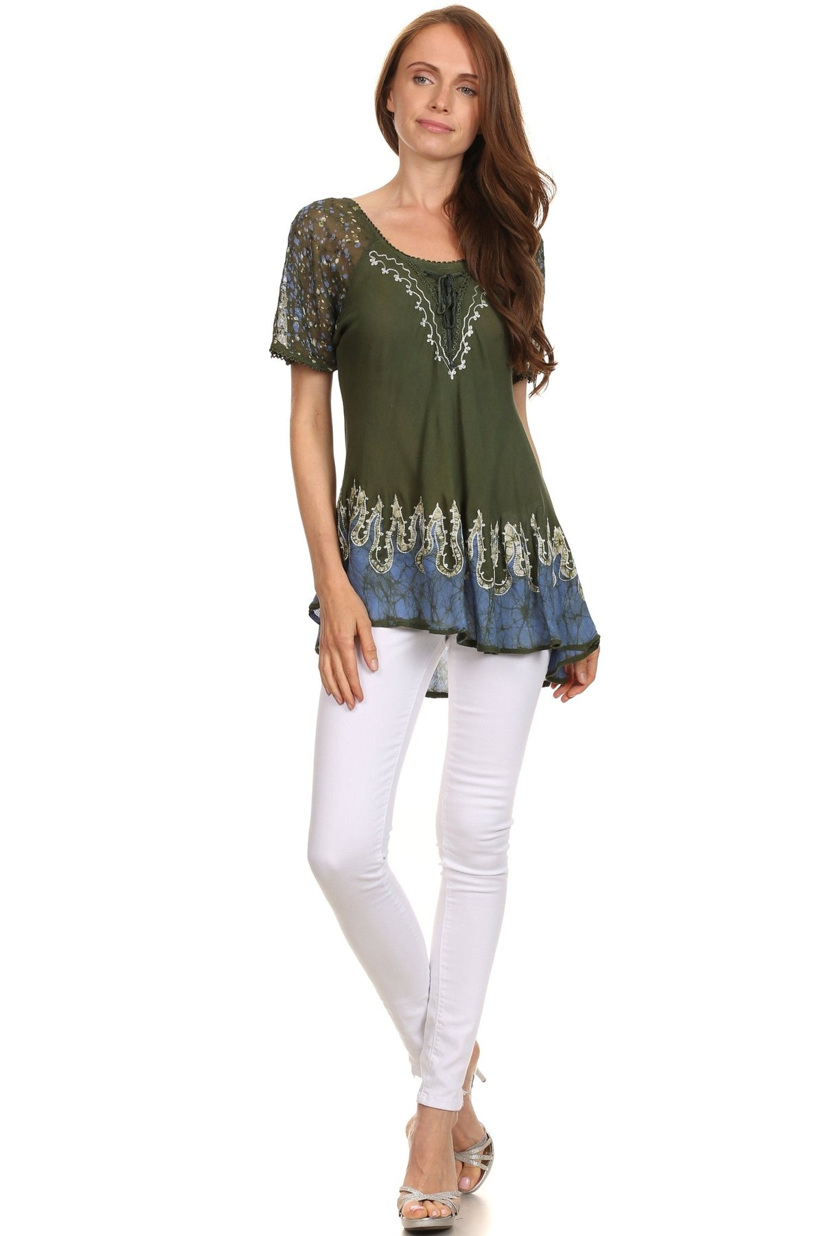 Sakkas Cora Relaxed Fit Batik Design Embroidery Cap Sleeves Blouse / Top tops La Vie Bien Sakkas Cora Relaxed Fit Batik Design Embroidery Cap Sleeves Blouse / Top