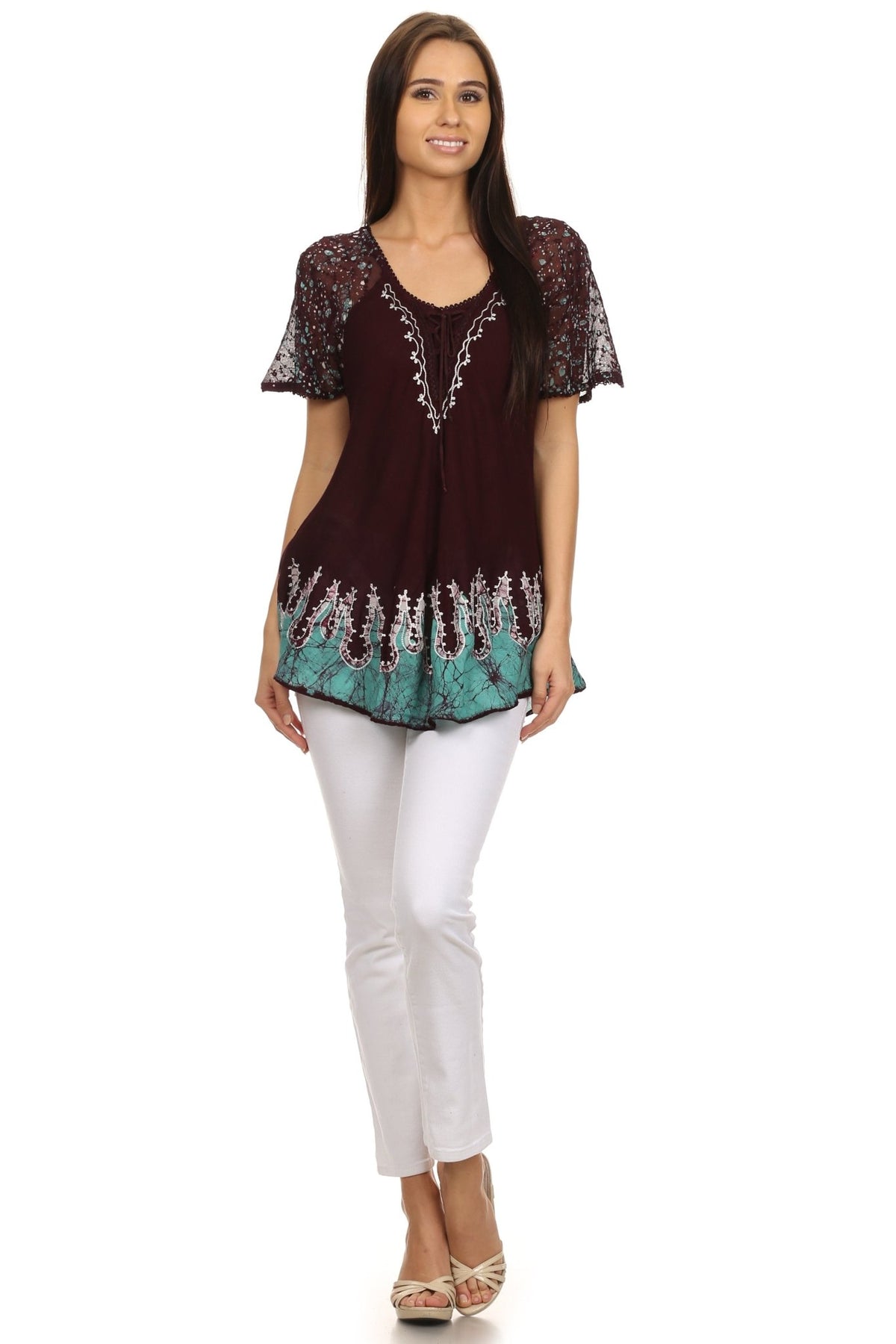 Sakkas Cora Relaxed Fit Batik Design Embroidery Cap Sleeves Blouse / Top tops La Vie Bien Sakkas Cora Relaxed Fit Batik Design Embroidery Cap Sleeves Blouse / Top
