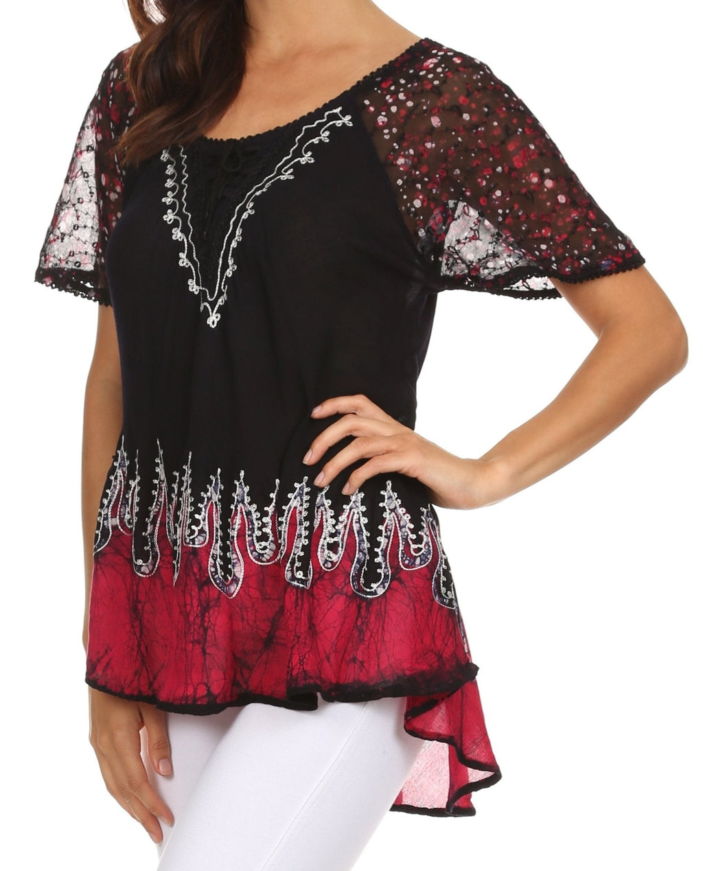 Sakkas Cora Relaxed Fit Batik Design Embroidery Cap Sleeves Blouse / Top tops La Vie Bien Sakkas Cora Relaxed Fit Batik Design Embroidery Cap Sleeves Blouse / Top