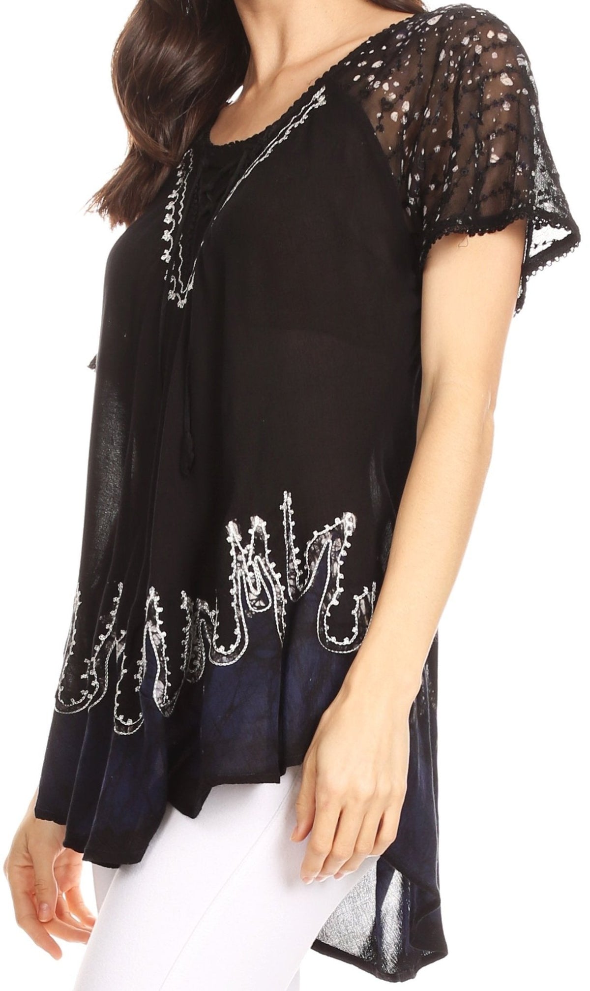 Sakkas Cora Relaxed Fit Batik Design Embroidery Cap Sleeves Blouse / Top tops La Vie Bien Sakkas Cora Relaxed Fit Batik Design Embroidery Cap Sleeves Blouse / Top
