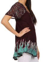 Sakkas Cora Relaxed Fit Batik Design Embroidery Cap Sleeves Blouse / Top tops La Vie Bien Sakkas Cora Relaxed Fit Batik Design Embroidery Cap Sleeves Blouse / Top