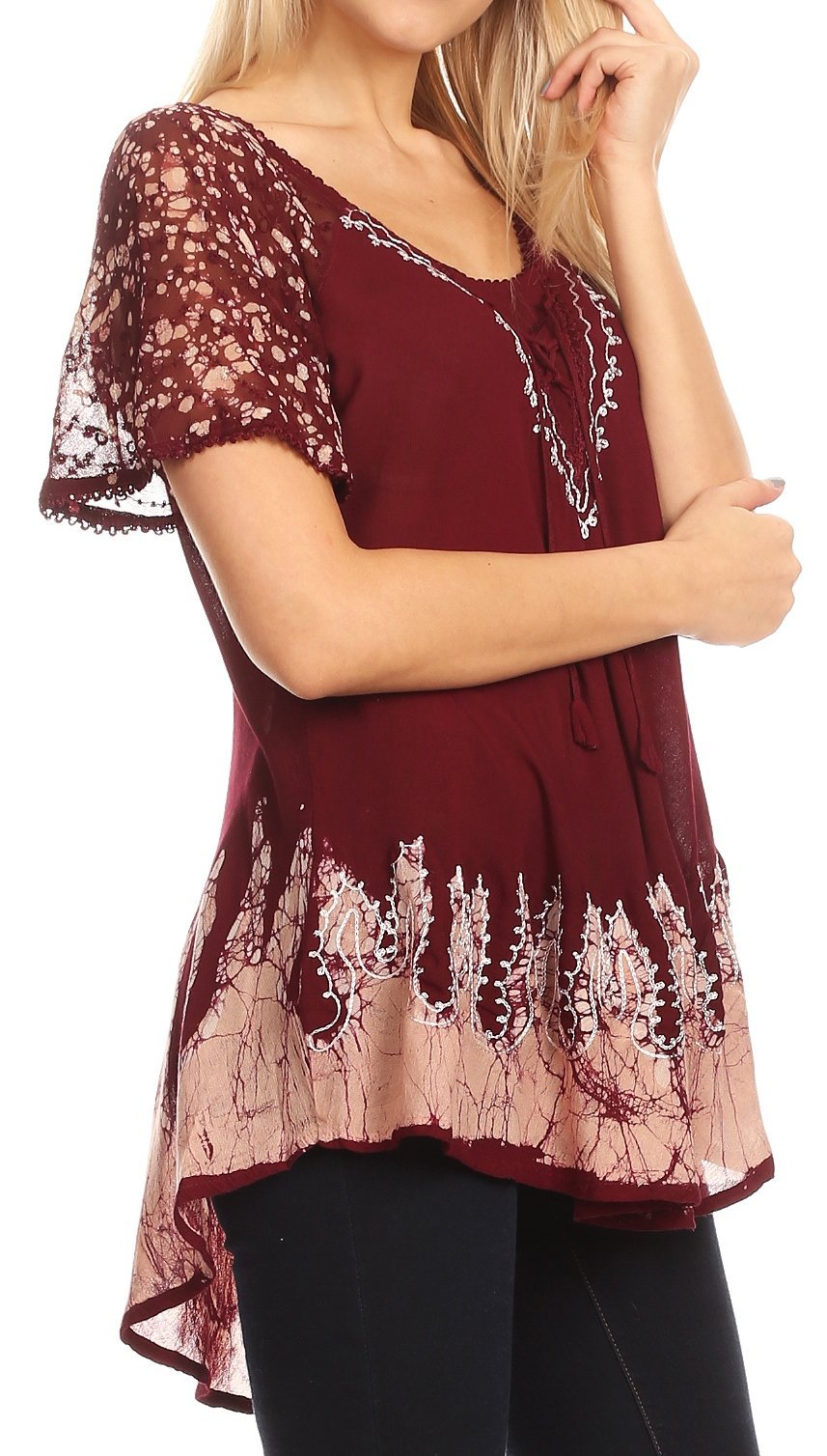 Sakkas Cora Relaxed Fit Batik Design Embroidery Cap Sleeves Blouse / Top tops La Vie Bien Sakkas Cora Relaxed Fit Batik Design Embroidery Cap Sleeves Blouse / Top