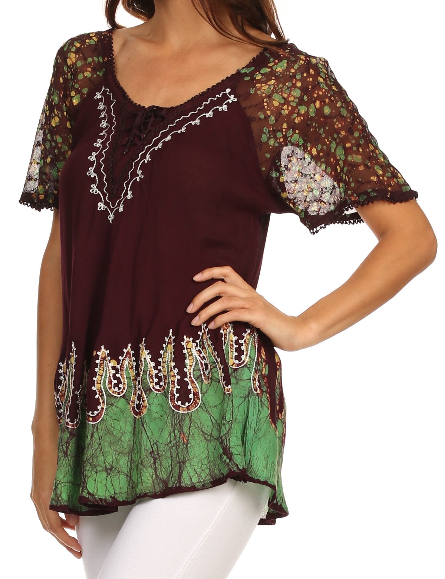 Sakkas Cora Relaxed Fit Batik Design Embroidery Cap Sleeves Blouse / Top tops La Vie Bien Sakkas Cora Relaxed Fit Batik Design Embroidery Cap Sleeves Blouse / Top