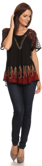 Sakkas Cora Relaxed Fit Batik Design Embroidery Cap Sleeves Blouse / Top tops La Vie Bien Sakkas Cora Relaxed Fit Batik Design Embroidery Cap Sleeves Blouse / Top