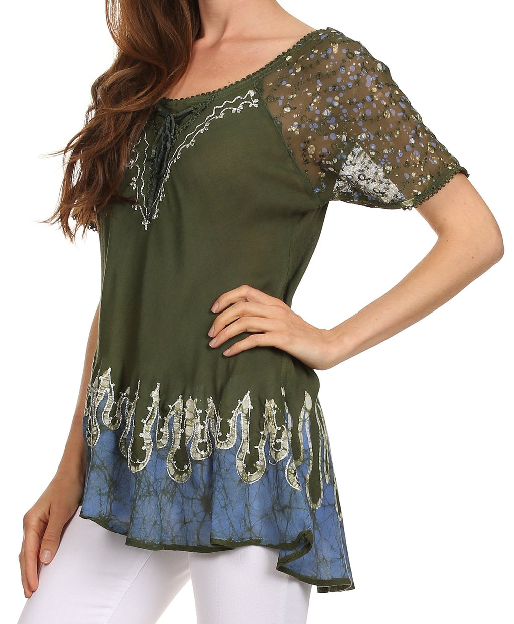 Sakkas Cora Relaxed Fit Batik Design Embroidery Cap Sleeves Blouse / Top tops La Vie Bien Sakkas Cora Relaxed Fit Batik Design Embroidery Cap Sleeves Blouse / Top