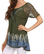 Sakkas Cora Relaxed Fit Batik Design Embroidery Cap Sleeves Blouse / Top tops La Vie Bien Sakkas Cora Relaxed Fit Batik Design Embroidery Cap Sleeves Blouse / Top