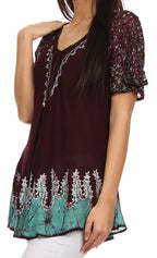 Sakkas Cora Relaxed Fit Batik Design Embroidery Cap Sleeves Blouse / Top tops La Vie Bien Sakkas Cora Relaxed Fit Batik Design Embroidery Cap Sleeves Blouse / Top