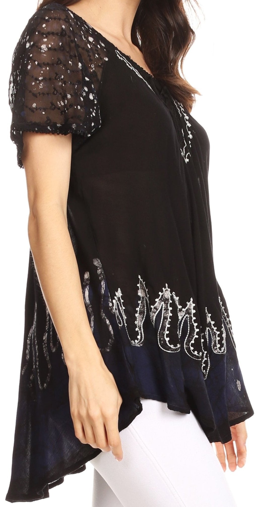 Sakkas Cora Relaxed Fit Batik Design Embroidery Cap Sleeves Blouse / Top tops La Vie Bien Sakkas Cora Relaxed Fit Batik Design Embroidery Cap Sleeves Blouse / Top