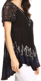 Sakkas Cora Relaxed Fit Batik Design Embroidery Cap Sleeves Blouse / Top tops La Vie Bien Sakkas Cora Relaxed Fit Batik Design Embroidery Cap Sleeves Blouse / Top