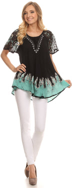Sakkas Cora Relaxed Fit Batik Design Embroidery Cap Sleeves Blouse / Top tops La Vie Bien Sakkas Cora Relaxed Fit Batik Design Embroidery Cap Sleeves Blouse / Top