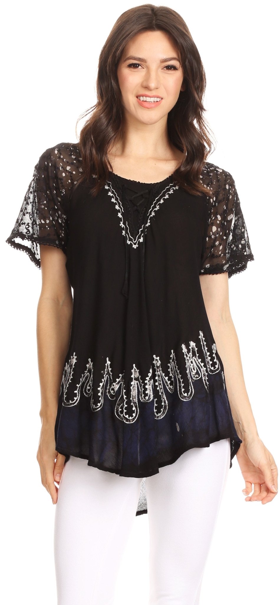 Sakkas Cora Relaxed Fit Batik Design Embroidery Cap Sleeves Blouse / Top tops La Vie Bien Sakkas Cora Relaxed Fit Batik Design Embroidery Cap Sleeves Blouse / Top