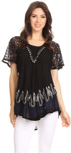 Sakkas Cora Relaxed Fit Batik Design Embroidery Cap Sleeves Blouse / Top tops La Vie Bien Sakkas Cora Relaxed Fit Batik Design Embroidery Cap Sleeves Blouse / Top