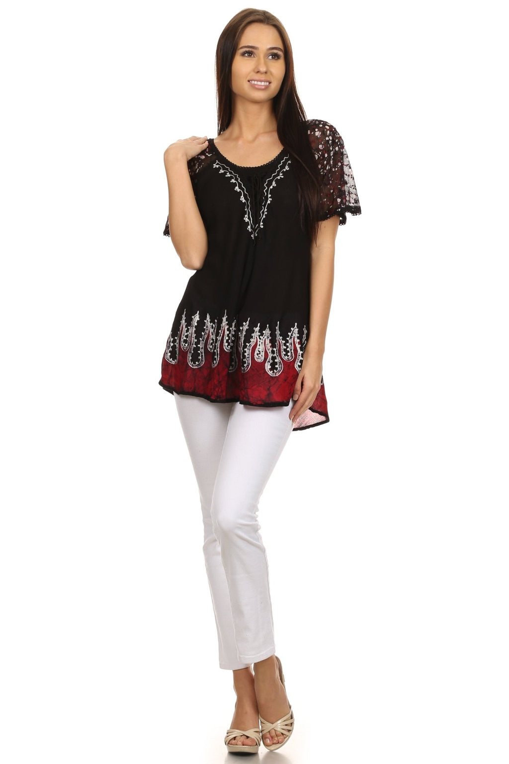 Sakkas Cora Relaxed Fit Batik Design Embroidery Cap Sleeves Blouse / Top tops La Vie Bien Sakkas Cora Relaxed Fit Batik Design Embroidery Cap Sleeves Blouse / Top