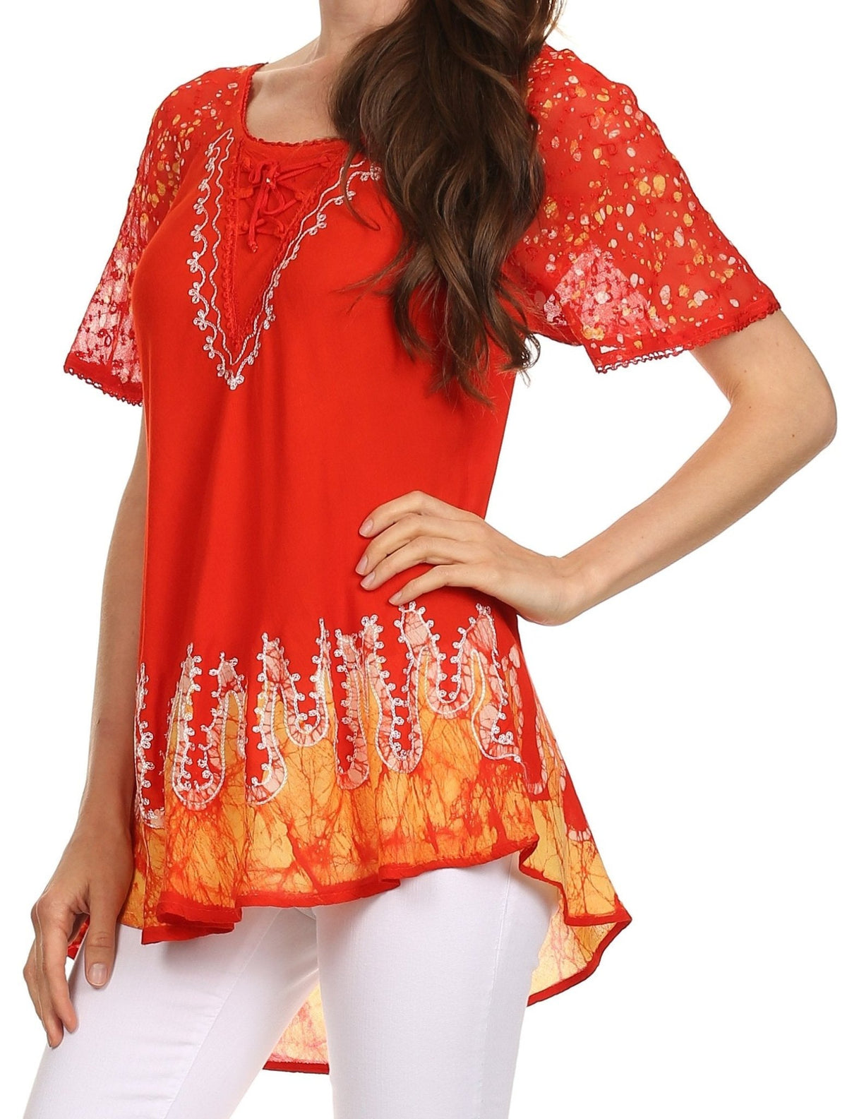 Sakkas Cora Relaxed Fit Batik Design Embroidery Cap Sleeves Blouse / Top tops La Vie Bien Sakkas Cora Relaxed Fit Batik Design Embroidery Cap Sleeves Blouse / Top