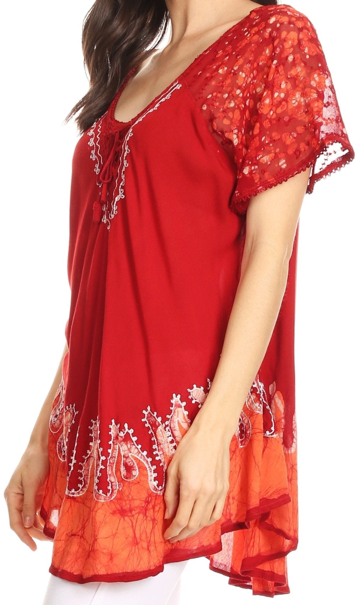 Sakkas Cora Relaxed Fit Batik Design Embroidery Cap Sleeves Blouse / Top tops La Vie Bien Sakkas Cora Relaxed Fit Batik Design Embroidery Cap Sleeves Blouse / Top