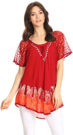 Sakkas Cora Relaxed Fit Batik Design Embroidery Cap Sleeves Blouse / Top tops La Vie Bien Sakkas Cora Relaxed Fit Batik Design Embroidery Cap Sleeves Blouse / Top