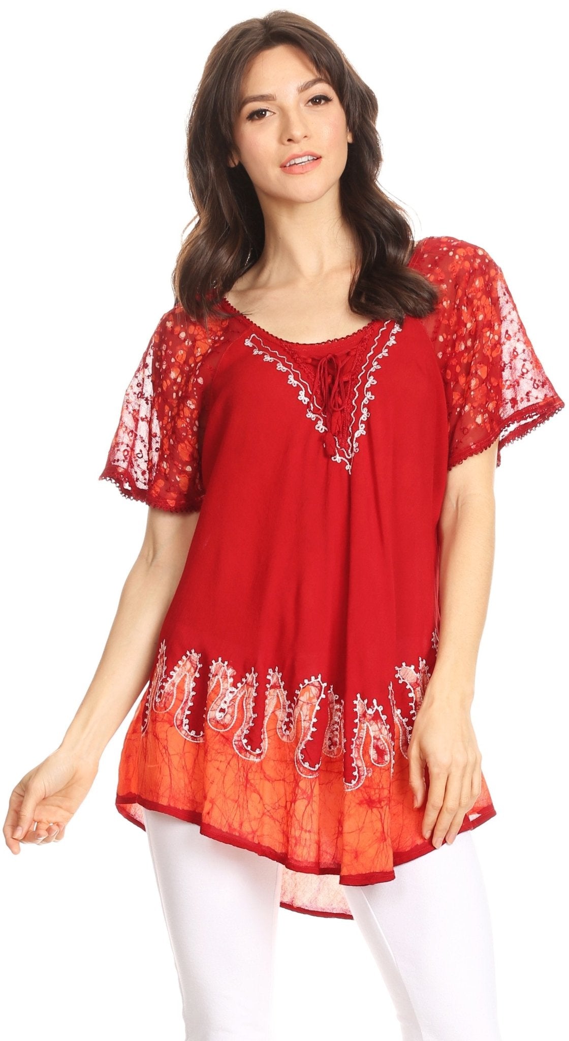 Sakkas Cora Relaxed Fit Batik Design Embroidery Cap Sleeves Blouse / Top tops La Vie Bien Sakkas Cora Relaxed Fit Batik Design Embroidery Cap Sleeves Blouse / Top