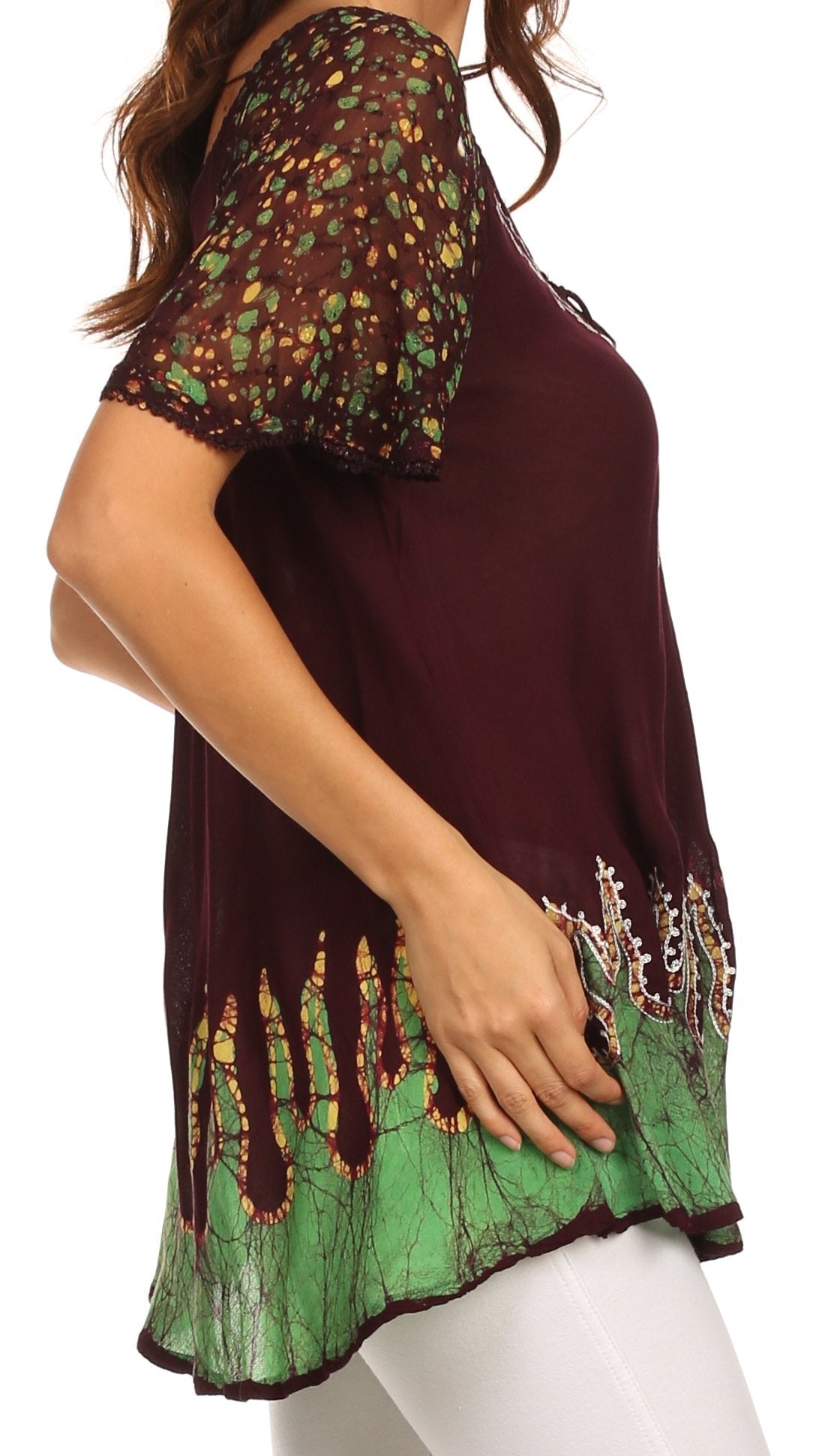 Sakkas Cora Relaxed Fit Batik Design Embroidery Cap Sleeves Blouse / Top tops La Vie Bien Sakkas Cora Relaxed Fit Batik Design Embroidery Cap Sleeves Blouse / Top