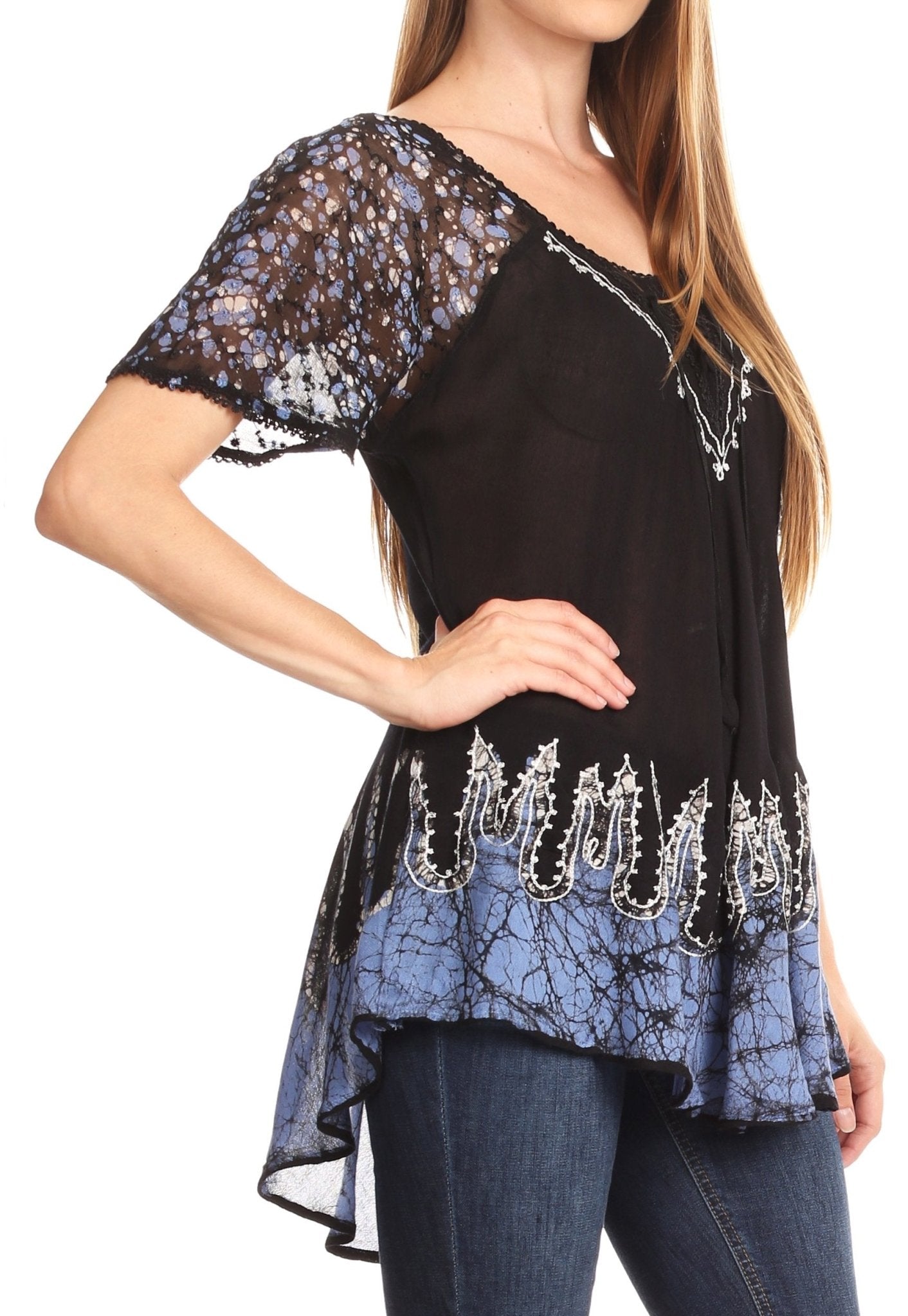 Sakkas Cora Relaxed Fit Batik Design Embroidery Cap Sleeves Blouse / Top tops La Vie Bien Sakkas Cora Relaxed Fit Batik Design Embroidery Cap Sleeves Blouse / Top
