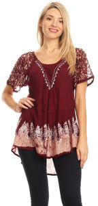 Sakkas Cora Relaxed Fit Batik Design Embroidery Cap Sleeves Blouse / Top tops La Vie Bien Sakkas Cora Relaxed Fit Batik Design Embroidery Cap Sleeves Blouse / Top