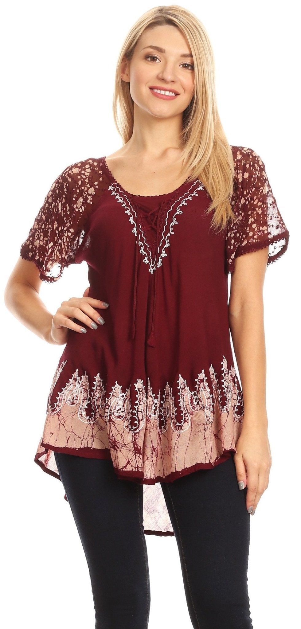 Sakkas Cora Relaxed Fit Batik Design Embroidery Cap Sleeves Blouse / Top tops La Vie Bien Sakkas Cora Relaxed Fit Batik Design Embroidery Cap Sleeves Blouse / Top