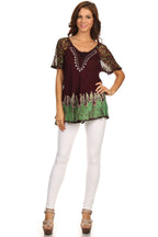 Sakkas Cora Relaxed Fit Batik Design Embroidery Cap Sleeves Blouse / Top tops La Vie Bien Sakkas Cora Relaxed Fit Batik Design Embroidery Cap Sleeves Blouse / Top