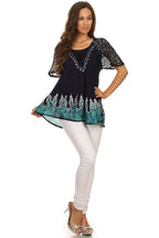 Sakkas Cora Relaxed Fit Batik Design Embroidery Cap Sleeves Blouse / Top tops La Vie Bien Sakkas Cora Relaxed Fit Batik Design Embroidery Cap Sleeves Blouse / Top