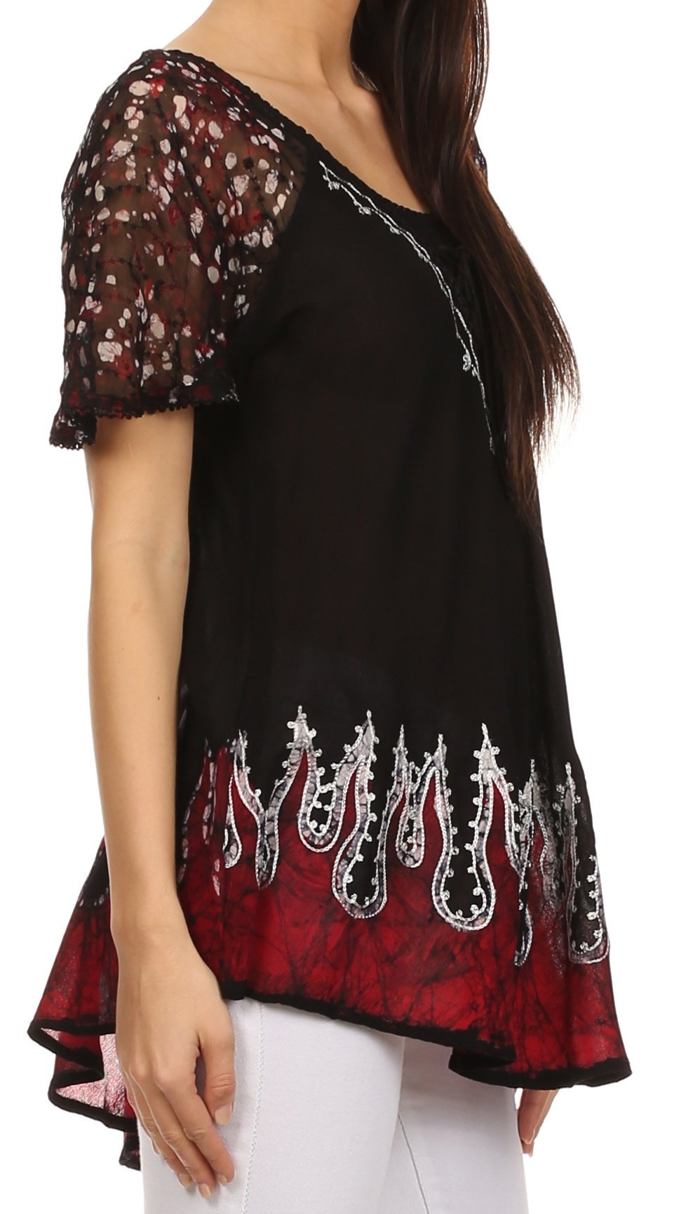 Sakkas Cora Relaxed Fit Batik Design Embroidery Cap Sleeves Blouse / Top tops La Vie Bien Sakkas Cora Relaxed Fit Batik Design Embroidery Cap Sleeves Blouse / Top