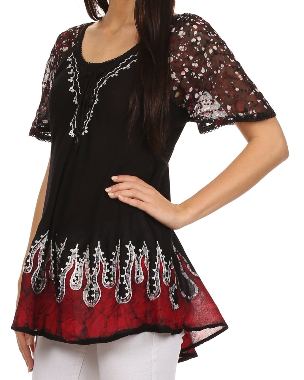 Sakkas Cora Relaxed Fit Batik Design Embroidery Cap Sleeves Blouse / Top tops La Vie Bien Sakkas Cora Relaxed Fit Batik Design Embroidery Cap Sleeves Blouse / Top