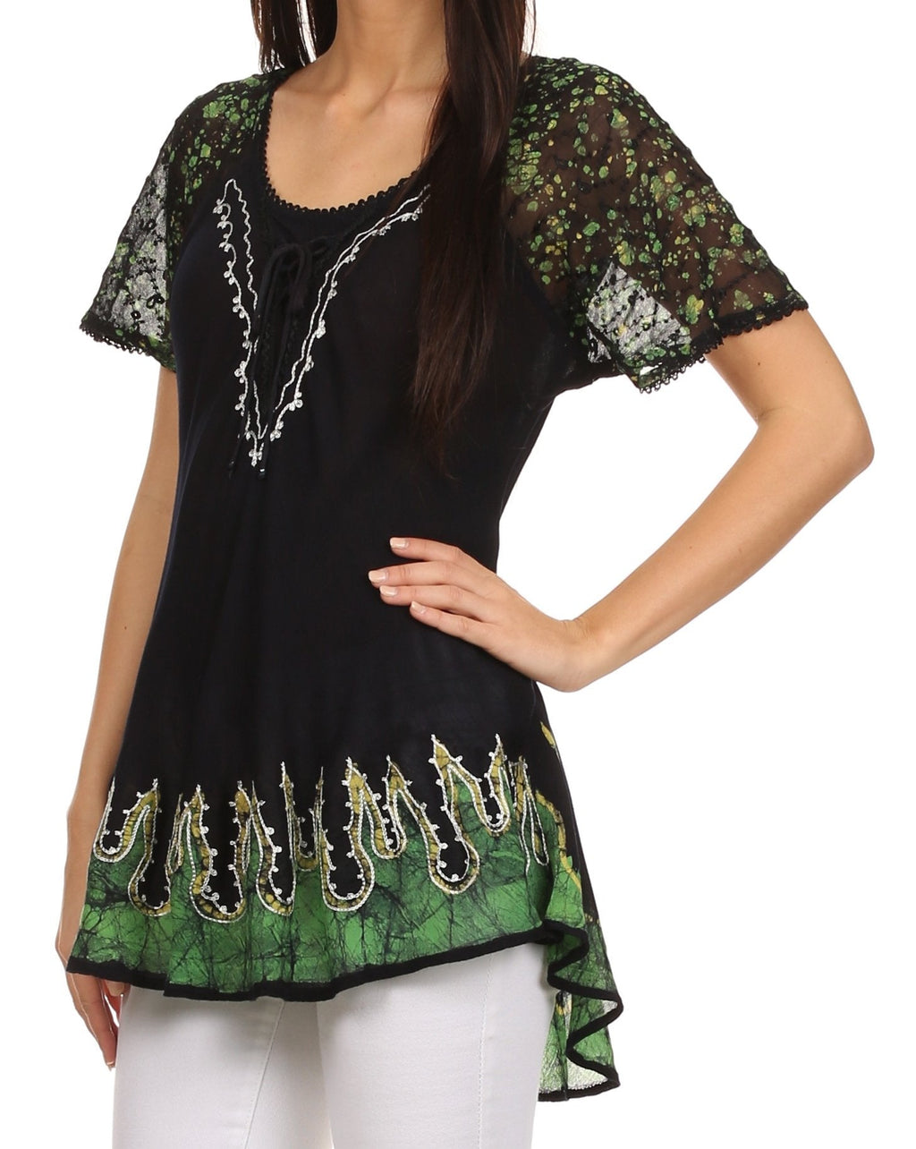 Sakkas Cora Relaxed Fit Batik Design Embroidery Cap Sleeves Blouse / Top tops La Vie Bien Sakkas Cora Relaxed Fit Batik Design Embroidery Cap Sleeves Blouse / Top