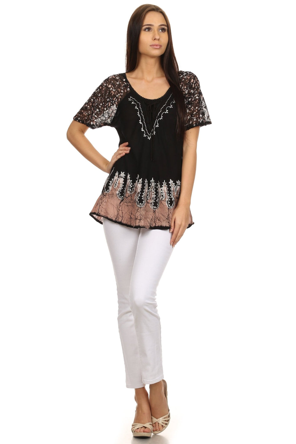 Sakkas Cora Relaxed Fit Batik Design Embroidery Cap Sleeves Blouse / Top tops La Vie Bien Sakkas Cora Relaxed Fit Batik Design Embroidery Cap Sleeves Blouse / Top