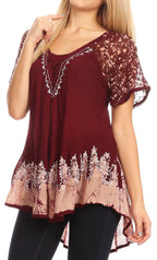 Sakkas Cora Relaxed Fit Batik Design Embroidery Cap Sleeves Blouse / Top tops La Vie Bien Sakkas Cora Relaxed Fit Batik Design Embroidery Cap Sleeves Blouse / Top