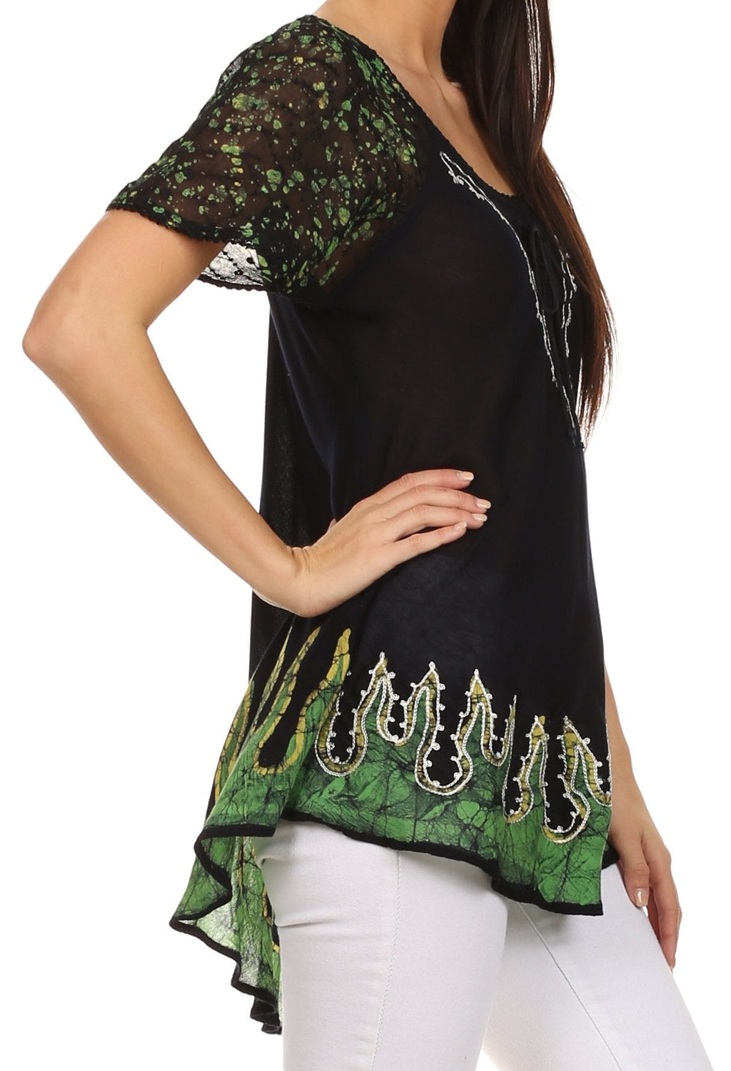 Sakkas Cora Relaxed Fit Batik Design Embroidery Cap Sleeves Blouse / Top tops La Vie Bien Sakkas Cora Relaxed Fit Batik Design Embroidery Cap Sleeves Blouse / Top