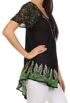 Sakkas Cora Relaxed Fit Batik Design Embroidery Cap Sleeves Blouse / Top tops La Vie Bien Sakkas Cora Relaxed Fit Batik Design Embroidery Cap Sleeves Blouse / Top