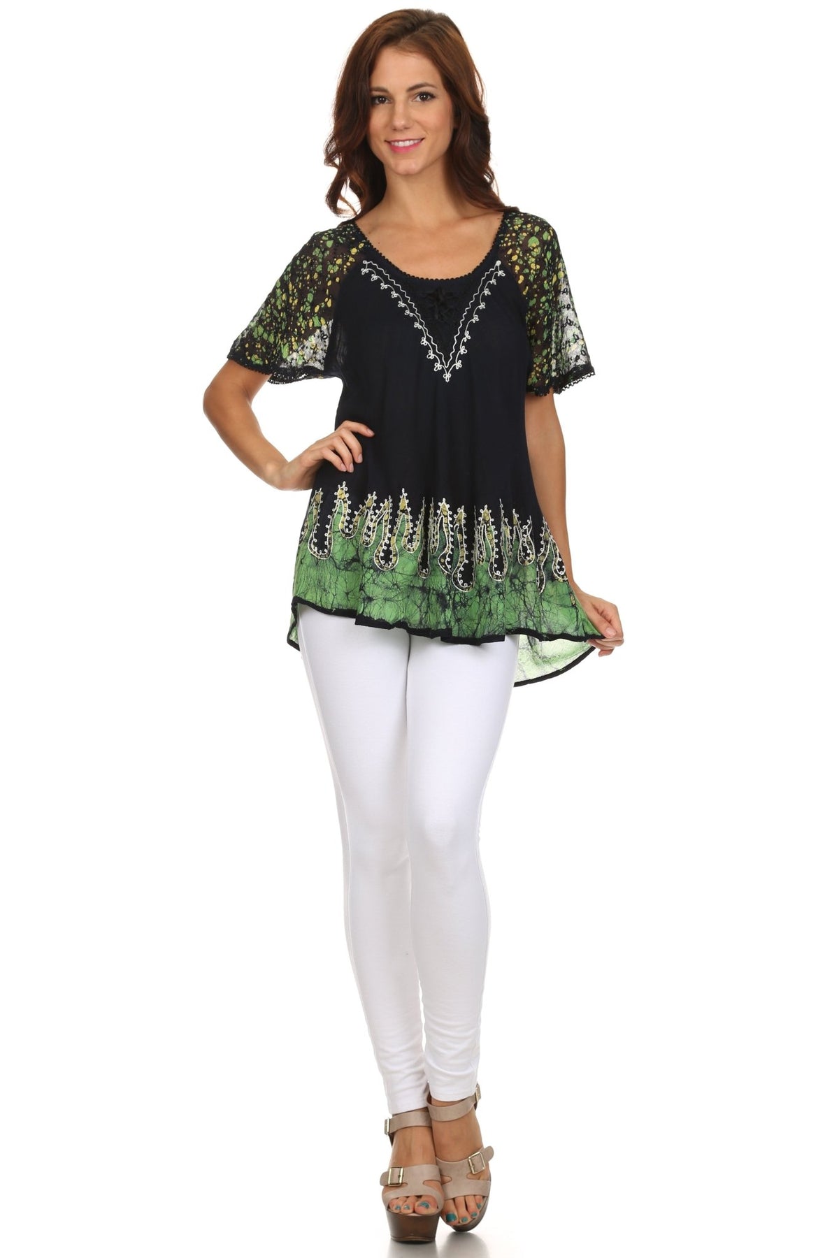 Sakkas Cora Relaxed Fit Batik Design Embroidery Cap Sleeves Blouse / Top tops La Vie Bien Sakkas Cora Relaxed Fit Batik Design Embroidery Cap Sleeves Blouse / Top
