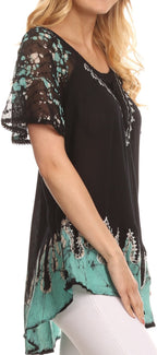 Sakkas Cora Relaxed Fit Batik Design Embroidery Cap Sleeves Blouse / Top tops La Vie Bien Sakkas Cora Relaxed Fit Batik Design Embroidery Cap Sleeves Blouse / Top
