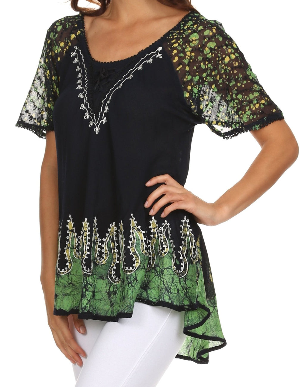 Sakkas Cora Relaxed Fit Batik Design Embroidery Cap Sleeves Blouse / Top tops La Vie Bien Sakkas Cora Relaxed Fit Batik Design Embroidery Cap Sleeves Blouse / Top