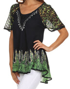 Sakkas Cora Relaxed Fit Batik Design Embroidery Cap Sleeves Blouse / Top tops La Vie Bien Sakkas Cora Relaxed Fit Batik Design Embroidery Cap Sleeves Blouse / Top